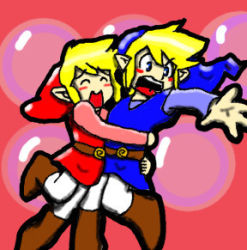 Rule 34 | blonde hair, blue eyes, blue tunic, boots, hug, link, lowres, nintendo, red tunic, tagme, the legend of zelda, tunic