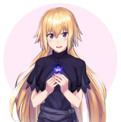 Rule 34 | 1girl, bad id, bad pixiv id, blonde hair, blush, breasts, circle, fate/apocrypha, fate/grand order, fate (series), flower, highres, holding, holding flower, jeanne d&#039;arc (fate), jeanne d&#039;arc (ruler) (fate), large breasts, long hair, looking at viewer, nyorotono, open mouth, purple eyes, solo, upper body, very long hair, white background