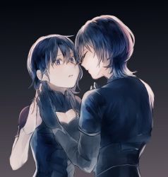 Rule 34 | 1boy, 1girl, armor, blue eyes, blue hair, breasts, byleth (female) (fire emblem), byleth (fire emblem), byleth (male) (fire emblem), closed eyes, fire emblem, fire emblem: three houses, from behind, gloves, hair between eyes, hands together, hatsu mag, highres, long hair, long sleeves, looking at another, medium breasts, nintendo, shirt, short hair, short sleeves, shorts, simple background
