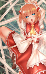 Rule 34 | 1girl, arm up, ascot, blonde hair, blue eyes, bow, brown footwear, capelet, fairy, fairy wings, frilled skirt, frills, highres, looking at viewer, mary janes, obi, open mouth, orange hair, puffy short sleeves, puffy sleeves, red capelet, red skirt, sash, shirt, shoes, short hair, short sleeves, shounen (hogehoge), silk, skirt, spider web, sunny milk, touhou, white bow, white shirt, wings, yellow ascot