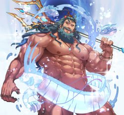 Rule 34 | 1boy, abs, another eidos-r, bara, beard, completely nude, convenient censoring, dakkar (another eidos), facial hair, feet out of frame, from below, highres, holding, holding weapon, jewelry, large pectorals, long beard, long hair, looking at viewer, male focus, mature male, muscular, muscular male, mustache, navel, necklace, nipples, nude, pectorals, polearm, pubic hair, rybiok, solo, weapon
