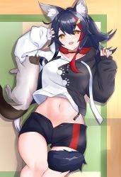Rule 34 | 1girl, absurdres, animal ear fluff, animal ears, black hair, blush, breasts, hair between eyes, highres, hololive, long hair, looking at viewer, medium breasts, multicolored hair, navel, ookami mio, ookami mio (casual), open mouth, pipin try, red hair, short shorts, shorts, solo, tail, tail around own leg, tail wrap, very long hair, virtual youtuber, wolf ears, wolf girl, wolf tail, yellow eyes