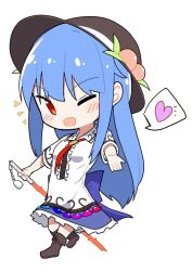 Rule 34 | 1girl, black footwear, black hat, blouse, blue bow, blue hair, blue skirt, boots, bow, breasts, center frills, chibi, food, frills, fruit, full body, hat, heart, hinanawi tenshi, holding, holding sword, holding weapon, leaf, long hair, looking at viewer, neropaso, open mouth, peach, petticoat, red eyes, red neckwear, reverse grip, shirt, short sleeves, sidelocks, simple background, skirt, small breasts, smile, solo, spoken heart, sword, sword of hisou, touhou, very long hair, weapon, white background, white shirt