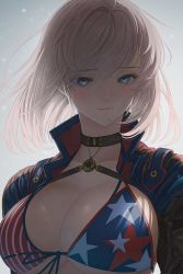 Rule 34 | 1girl, american flag bikini, american flag print, asymmetrical hair, bad id, bad twitter id, belt, bikini, blue eyes, blush, breasts, closed mouth, commentary request, fate/grand order, fate (series), fingerless gloves, flag print, front-tie bikini top, front-tie top, gloves, gradient background, halterneck, highres, holding, imizu (nitro unknown), large breasts, lips, looking at viewer, miyamoto musashi (fate), miyamoto musashi (fate/grand order), miyamoto musashi (swimsuit berserker) (fate), miyamoto musashi (swimsuit berserker) (second ascension) (fate), pink hair, print bikini, short hair, simple background, smile, solo, star (symbol), star print, striped, swimsuit, upper body
