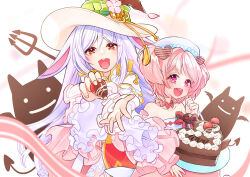 Rule 34 | 2girls, :d, absurdres, animal ears, arch bishop (ragnarok online), blush, brown eyes, cake, chocolate cake, chocolate strawberry, commentary request, deviruchi, dress, floppy ears, food, frilled dress, frilled sleeves, frills, hair intakes, hair ornament, hat, heart, heart-shaped cake, heart hair ornament, highres, incoming food, long bangs, long hair, looking at viewer, multiple girls, noxxia39, official alternate costume, open mouth, original, pink eyes, pink hair, pitchfork, rabbit ears, ragnarok online, round teeth, short hair, smile, teeth, upper body, upper teeth only, white dress, white hair, white headwear, witch hat