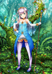 Rule 34 | 10s, 1girl, absurdres, argyle, argyle clothes, argyle legwear, bad id, bad pixiv id, bare shoulders, blue footwear, blue hair, blush, day, dress, elbow gloves, flower, forest, full body, gloves, gradient hair, green eyes, hand on own hip, highres, holding, jean popo, jewelry, long hair, looking at viewer, lots of jewelry, multicolored hair, nature, necklace, outbreak company, outdoors, patterned legwear, petralka anne eldant iii, purple hair, shoes, solo, staff, standing, thighhighs, tiara, tree, white gloves