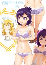 Rule 34 | 10s, 2girls, ass, blonde hair, blue hair, blush, bow, bow bra, bow panties, bra, checkered bra, checkered clothes, checkered panties, gabriel dropout, gabriel tenma white, groin, kame kame happa, light censor, multiple girls, navel, nude, open mouth, panties, plaid, plaid panties, plaid skirt, purple bra, purple eyes, purple panties, skirt, unworn skirt, smile, translation request, underwear, underwear only, vignette tsukinose april, yawning
