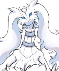 Rule 34 | 1girl, artist name, blue eyes, blue sclera, body fur, breasts, cleavage, closed mouth, collarbone, colored sclera, creatures (company), dragon girl, female focus, furry, furry female, game freak, gen 5 pokemon, head tilt, highres, ingi, jewelry, large breasts, legendary pokemon, long hair, looking at viewer, neck ring, nintendo, open mouth, personification, pokemon, pokemon (creature), reshiram, signature, simple background, solo, straight-on, surprised, upper body, white background, white fur, white hair, white theme, wide-eyed