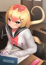 Rule 34 | 1girl, :t, absurdres, alternate costume, anteater ears, anteater tail, black skirt, blonde hair, blush, book, bow, bowtie, brown eyes, cellphone, chair, deku suke, desk, hair between eyes, hair bow, highres, kemono friends, long sleeves, looking at viewer, multicolored hair, paper, phone, pink hair, pleated skirt, red bow, red bowtie, sailor collar, school, school chair, school desk, school uniform, serafuku, shirt, short hair, silky anteater (kemono friends), sitting, skirt, smartphone, solo, white shirt
