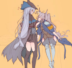 Rule 34 | 2girls, animal ears, arknights, blush, chaps, closed eyes, commentary request, gloves, grani (arknights), grey hair, haguruma c, height difference, helmet, highres, hip vent, holding another&#039;s head, horse ears, horse girl, long hair, multiple girls, skadi (arknights), thighs, yellow background, yuri