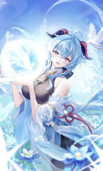 Rule 34 | 1girl, absurdres, ahoge, alternate costume, bare shoulders, bell, blue flower, blue hair, breasts, detached sleeves, flower, ganyu (genshin impact), genshin impact, glaze lily, highres, horns, long hair, looking at viewer, medium breasts, neck bell, nizway, no gloves, open mouth, orb, purple eyes, qilin (mythology), revision, sidelocks, smile, solo, tassel, vision (genshin impact), white sleeves