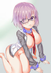 Rule 34 | 1girl, blush, bottomless, breasts, chain, chained, chinpan, collar, commentary request, fate/grand order, fate (series), glasses, grey background, grey jacket, hair over one eye, highres, jacket, large breasts, looking at viewer, mash kyrielight, navel, necktie, nipples, open clothes, open jacket, pink hair, purple collar, purple eyes, red necktie, short hair, simple background, smile, solo, white jacket
