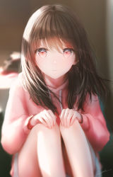Rule 34 | 1girl, :o, blurry, blurry background, brown hair, expressionless, hands on own knees, hands up, highres, hood, hoodie, indoors, knees up, long hair, long sleeves, looking at viewer, ojay tkym, original, parted lips, pink eyes, pink hoodie, sitting, solo, sunlight