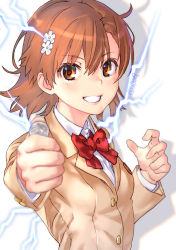 Rule 34 | 1girl, aiming, aiming at viewer, blazer, blouse, bow, bowtie, breasts, brown eyes, brown hair, brown jacket, coin, commentary request, electricity, electrokinesis, grin, hair between eyes, holding, holding coin, jacket, looking at viewer, misaka mikoto, outstretched arm, psychic, raika9, red bow, red bowtie, school uniform, shirt, short hair, simple background, small breasts, smile, solo, teeth, toaru kagaku no railgun, toaru majutsu no index, tokiwadai school uniform, upper body, white background, white shirt