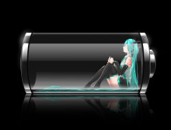 Rule 34 | 1girl, absurdly long hair, aqua hair, bare shoulders, battery, black background, boots, closed eyes, container, detached sleeves, hatsune miku, highres, in container, long hair, nanaku teiru, necktie, own hands clasped, own hands together, reflection, reflective floor, simple background, sitting, skirt, solo, thigh boots, thighhighs, transparent, twintails, very long hair, vocaloid, zettai ryouiki