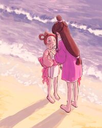 Rule 34 | 2girls, ace attorney, barefoot, beach, bow, brown hair, crying, crying with eyes open, full body, hair rings, half updo, hand on another&#039;s face, hanten (clothes), highres, holding another&#039;s wrist, jacket, japanese clothes, jewelry, kimono, long hair, long sleeves, looking at another, magatama, magatama necklace, maya fey, multiple girls, necklace, obi, ocean, open mouth, outdoors, pearl fey, pink jacket, pink sash, purple jacket, renshu usodayo, sand, sash, short hair, short kimono, sidelocks, standing, tears, waist bow, water, white kimono, wiping tears