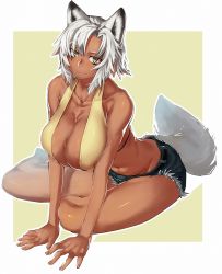 Rule 34 | 1girl, animal ears, bad id, bad pixiv id, breasts, breasts squeezed together, brown eyes, cleavage, collarbone, dark-skinned female, dark skin, denim, denim shorts, face, highres, huge breasts, kichigai, navel, short hair, short shorts, shorts, solo, tail, tan, white hair, wolf ears, wolf tail