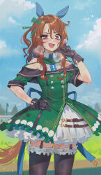 Rule 34 | 1girl, animal ears, bare shoulders, black gloves, blush, brown hair, buttons, commentary, cowboy shot, double-breasted, doyagao, dress, ear covers, garter straps, gloves, gradient eyes, green dress, hand on own hip, highres, horse ears, horse girl, horse tail, king halo (umamusume), looking at viewer, multicolored eyes, off shoulder, sarcophage, shirt, short sleeves, sleeveless, sleeveless shirt, smile, smug, solo, sweat, tail, umamusume, wavy hair