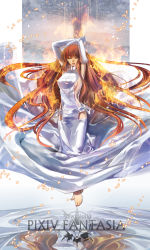 Rule 34 | 1girl, armpits, arms up, barefoot, breasts, dress, elbow gloves, closed eyes, fire, gloves, highres, long hair, pixiv fantasia, pixiv fantasia new world, red hair, reflection, sideboob, solo, takayama dan, very long hair