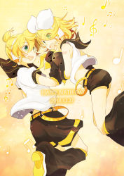 Rule 34 | 1boy, 1girl, :d, arm warmers, ascot, bad id, bad pixiv id, belt, blonde hair, bow, brother and sister, brown eyes, hair bow, holding hands, headphones, hetero, kagamine len, kagamine rin, matsyumaro, musical note, open mouth, short hair, shorts, siblings, smile, twins, vocaloid