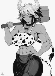 Rule 34 | 1girl, abs, absurdres, alternate breast size, animal ears, animal print, axe, bare shoulders, bell, breasts, cathyl, collar, cow ears, cow girl, cow horns, cow print, cowbell, curvy, dark skin, greyscale, hand on own hip, highres, holding, holding axe, horns, large breasts, looking at viewer, monochrome, monster musume no iru nichijou, multicolored hair, muscular, muscular female, neck bell, one eye closed, short hair, simple background, solo, speedl00ver, standing, thick thighs, thighs, two-tone hair