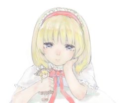 Rule 34 | 1girl, alice margatroid, blonde hair, blue eyes, capelet, character doll, expressionless, hairband, head rest, kirisame marisa, lolita hairband, looking at viewer, masuchi, ribbon, short hair, simple background, solo, touhou, upper body, white background
