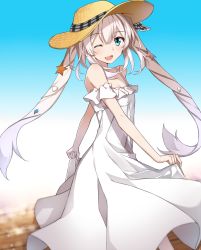 Rule 34 | 1girl, ;d, bare shoulders, blue eyes, blush, breasts, cleavage, clothes lift, dress, dress lift, fate/grand order, fate (series), hair ornament, hat, lifting own clothes, long hair, looking at viewer, marie antoinette (fate), marie antoinette (fate/grand order), marie antoinette (swimsuit caster) (fate), marie antoinette (swimsuit caster) (second ascension) (fate), off-shoulder dress, off shoulder, one eye closed, open mouth, silver hair, small breasts, smile, solo, sun hat, sundress, tsuezu, twintails, white dress