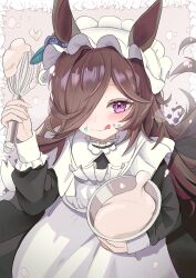 Rule 34 | 1girl, :q, absurdres, animal ears, apron, black dress, blush, bowl, brown hair, closed mouth, commentary request, dress, food, food on face, hair over one eye, high (hgih), highres, holding, holding bowl, holding whisk, horse ears, horse girl, long hair, long sleeves, looking at viewer, maid, maid apron, maid headdress, mixing bowl, purple eyes, rice shower (umamusume), smile, solo, tongue, tongue out, umamusume, whisk