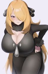 Rule 34 | 1girl, absurdres, black dress, black eyes, black scarf, blonde hair, breasts, cleavage, creatures (company), cynthia (pokemon), dress, fur collar, fur scarf, game freak, hair over one eye, hand on own hip, heart, highres, kataku musou, large breasts, leaning forward, long hair, nintendo, one eye covered, pokemon, pokemon dppt, portrait, scarf, sketch, smile, solo, white background
