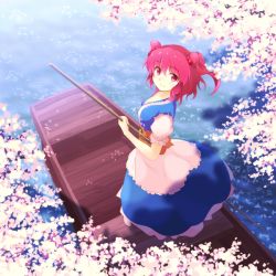 Rule 34 | 1girl, album cover, belt, boat, cherry blossoms, cover, hair bobbles, hair ornament, looking at viewer, looking back, onozuka komachi, puffy sleeves, red eyes, red hair, sash, shirt, short sleeves, skirt, smile, solo, staff, touhou, tree, tsuyuki (yukitgraph), twintails, two side up, water, watercraft