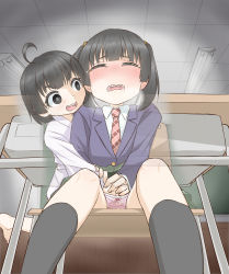 Rule 34 | 2girls, ahoge, barefoot, black eyes, black hair, black socks, blue jacket, blush, bow, bow panties, breath, chair, chalkboard, classroom, closed eyes, commission, desk, drooling, embarrassed, female focus, fingering, flat chest, floating, ghost, green skirt, hair tie, hand under clothes, happy, haragon, have to pee, highres, indoors, jacket, kneehighs, light blush, long sleeves, looking at another, miniskirt, multiple girls, necktie, nose blush, open mouth, original, panties, pantyshot, pee, peeing, peeing self, pink panties, plaid, plaid skirt, pleated skirt, red neckwear, saliva, school desk, school uniform, shirt, short hair, sitting, skeb commission, skirt, smile, socks, sweat, tears, teeth, textless version, twintails, underwear, upskirt, wet, wet clothes, wet panties, white shirt, x-ray, yuri
