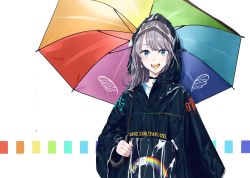 Rule 34 | blue eyes, blush, candy, earrings, food, grey hair, highres, holding, holding umbrella, jewelry, lollipop, long sleeves, looking at viewer, medium hair, nail polish, open mouth, original, osabe tom, raincoat, smile, solo, teeth, umbrella, yellow nails