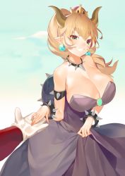 Rule 34 | 1boy, 1girl, absurdres, armlet, bowsette, bracelet, breasts, cleavage, cloud, dress, highres, j na, jewelry, mario (series), nintendo, outdoors, sky, spiked armlet, spiked bracelet, spikes, standing