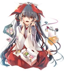 Rule 34 | 1girl, bag, barefoot, black hair, blush, box, candy, doughnut, food, food on face, french cruller, hair ribbon, hands on own cheeks, hands on own face, japanese clothes, kamizuki shiki, long hair, looking at viewer, macaron, miko, open mouth, original, red eyes, ribbon, rope, shimenawa, shopping bag, sitting, skirt, smile, solo, sparkle, very long hair, wariza, wide sleeves