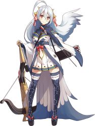 Rule 34 | 1girl, ahoge, arrow (projectile), black shirt, black thighhighs, bow (weapon), crossbow, full body, holding, holding arrow, holding bow (weapon), holding crossbow, holding weapon, kekemotsu, long hair, looking at viewer, official art, oshiro project:re, oshiro project:re, quiver, red eyes, sandals, shirt, skirt, smile, solo, thighhighs, transparent background, weapon, white hair