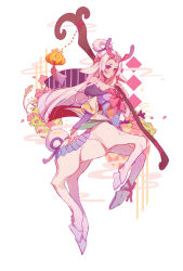 Rule 34 | 1girl, absurdres, animal ears, antlers, bow, bowtie, centaur, flower, from side, grey hair, hair rings, heart, highres, holding, holding staff, horns, horse ears, league of legends, lillia (league of legends), long hair, looking at viewer, pink bow, pink bowtie, pink flower, red eyes, ruan chen yue, smile, solo, spirit blossom lillia, staff, taur, white background