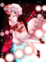 Rule 34 | 1girl, bat wings, danmaku, dress, frills, hand to own mouth, harrymiao, hat, highres, light purple hair, looking back, mob cap, nail polish, red eyes, remilia scarlet, shoes, short hair, solo, spear the gungnir, touhou, wings, wrist cuffs