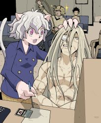 Rule 34 | 1girl, 3boys, animal ears, antennae, black hair, blonde hair, cat ears, cat tail, corpse, gon freecss, hand on another&#039;s head, highres, holding, holding pen, hunter x hunter, kite (hunter x hunter), long hair, meme, multiple boys, neferpitou, open mouth, paper, pen, psicochurroz, scar, shaiapouf, short hair, sitting, smile, standing, stitches, tail, white hair