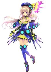 Rule 34 | 1girl, blonde hair, blue dress, boots, breasts, cleavage, collar, commentary request, dress, elbow gloves, floating hair, gloves, hair between eyes, hat, headgear, leg up, long hair, looking at viewer, mecha, medium breasts, nanase aoi, original, purple eyes, robot, simple background, sleeveless, sleeveless dress, smile, solo, strapless, strapless dress, thigh boots, thighhighs, white background
