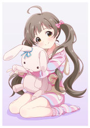 Rule 34 | 1girl, ahoge, bow, brown hair, commentary request, hugging doll, goma konbu, gradient background, hair bow, hakozaki serika, highres, idolmaster, idolmaster million live!, long hair, long sleeves, looking at viewer, hugging object, shorts, sitting, socks, solo, stuffed toy, twintails, wariza, yellow eyes