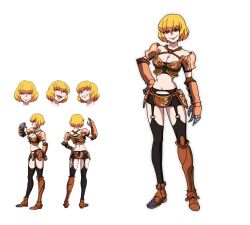 Rule 34 | 1girl, arm guards, armor, black thighhighs, blonde hair, breastplate, breasts, character sheet, cleavage, clementine (overlord), concept art, criss-cross halter, evil smile, expressions, faulds, full body, garter belt, gauntlets, grin, halterneck, leg armor, looking at viewer, midriff, miniskirt, navel, o-ring, o-ring legwear, official art, overlord (maruyama), pink eyes, red eyes, short hair, shoulder pads, simple background, skirt, smile, solo, standing, thighhighs, white background