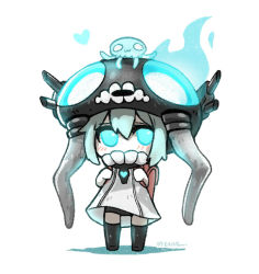 Rule 34 | 10s, 1girl, :3, abyssal ship, animal, animal on head, backpack, bag, blue eyes, blue hair, chibi, heart, jellyfish, kantai collection, matching hair/eyes, meoon, monster, on head, pale skin, randoseru, short hair, solo, tentacles, thighhighs, turret, wo-class aircraft carrier, aged down
