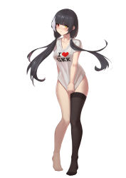 Rule 34 | 1girl, absurdres, black hair, black thighhighs, blush, breasts, clothes writing, commission, female focus, full body, girls&#039; frontline, heart, heterochromia, highres, jewelry, large breasts, long hair, looking at viewer, low twintails, multicolored hair, pixiv commission, red eyes, ring, ro635 (girls&#039; frontline), shirt, short sleeves, simple background, single thighhigh, solo, standing, streaked hair, super hellrat, thighhighs, twintails, wedding band, white background, white hair, white shirt, yellow eyes