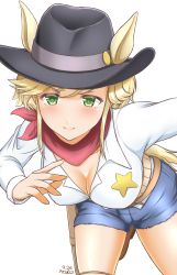 Rule 34 | 1girl, absurdres, belt, black hat, blonde hair, blue shorts, blush, breasts, brown belt, cleavage, closed mouth, collared shirt, commentary, cowboy hat, girls und panzer, green eyes, hat, highres, holster, io-catalyst, jane (girls und panzer), leaning forward, long sleeves, looking at viewer, medium breasts, shirt, short hair, short shorts, shorts, simple background, smile, solo, standing, star (symbol), tan, textless version, white background, white shirt