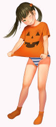 Rule 34 | 1girl, absurdres, black hair, blush, brown hair, commentary request, full body, green eyes, halloween, highres, jack-o&#039;-lantern print, jishimaru, long hair, looking at viewer, no pants, one eye closed, orange shirt, original, panties, parted lips, shirt, simple background, smile, solo, standing, striped clothes, striped panties, twintails, underwear, white background