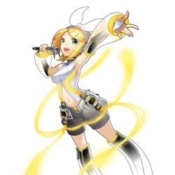 Rule 34 | 1girl, aqua eyes, artist request, blonde hair, bow, detached sleeves, headphones, highres, kagamine rin, kagamine rin (append), microphone, nail polish, open mouth, short hair, shorts, smile, solo, transparent background, uchi no hime-sama ga ichiban kawaii, vocaloid, vocaloid append