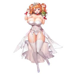 Rule 34 | 1girl, :3, blush, bouquet, breasts, cerberus (last origin), dress, fang, flower, full body, game cg, garter belt, gluteal fold, high heels, highres, holding, holding flower, huge breasts, last origin, long hair, looking at viewer, mole, mole under eye, navel, official art, orange hair, panties, red eyes, showgirl skirt, sima (startwitch), skin fang, skindentation, smile, solo, tachi-e, thighhighs, tiara, transparent background, twintails, underwear, wedding dress, white panties, white thighhighs