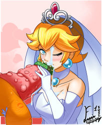 Rule 34 | 1boy, 1girl, bare shoulders, blonde hair, blue eyes, blush, border, bowser, breasts, bridal veil, bride, choker, cleavage, collarbone, cum, dated, dress, earrings, elbow gloves, erection, eyelashes, facial, gloves, highres, huge penis, huge testicles, jewelry, kissing penis, large breasts, lips, lipstick, lipstick mark, lipstick mark on penis, makeup, mario (series), nintendo, nose, one eye closed, oral, pendant choker, penis, penis grab, pink background, pink lips, princess peach, shoolmail, short hair, signature, smile, spiked penis, spikes, strapless, strapless dress, super mario odyssey, testicle grab, testicles, tiara, veil, wedding dress, white border, white choker, white dress, white gloves