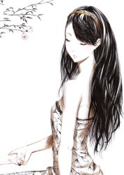 Rule 34 | 1girl, bare shoulders, black hair, dress, closed eyes, floral print, flower, hairband, jewelry, long hair, monochrome, ring, solo, sousou (sousouworks), strapless, strapless dress
