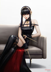 Rule 34 | artist name, bare shoulders, black dress, black gloves, black hair, black thighhighs, breasts, cheesewoo, couch, crossed legs, dagger, dress, elbow rest, expressionless, fingerless gloves, floral print, flower, gloves, gold hairband, hair flower, hair ornament, hairband, highres, holding, holding dagger, holding knife, holding weapon, knife, looking at viewer, medium breasts, nail polish, off-shoulder dress, off shoulder, on couch, red eyes, red lips, red nails, rose, rose print, sitting, solo, spikes, spy x family, thighhighs, thighs, two-sided dress, two-sided fabric, weapon, yor briar